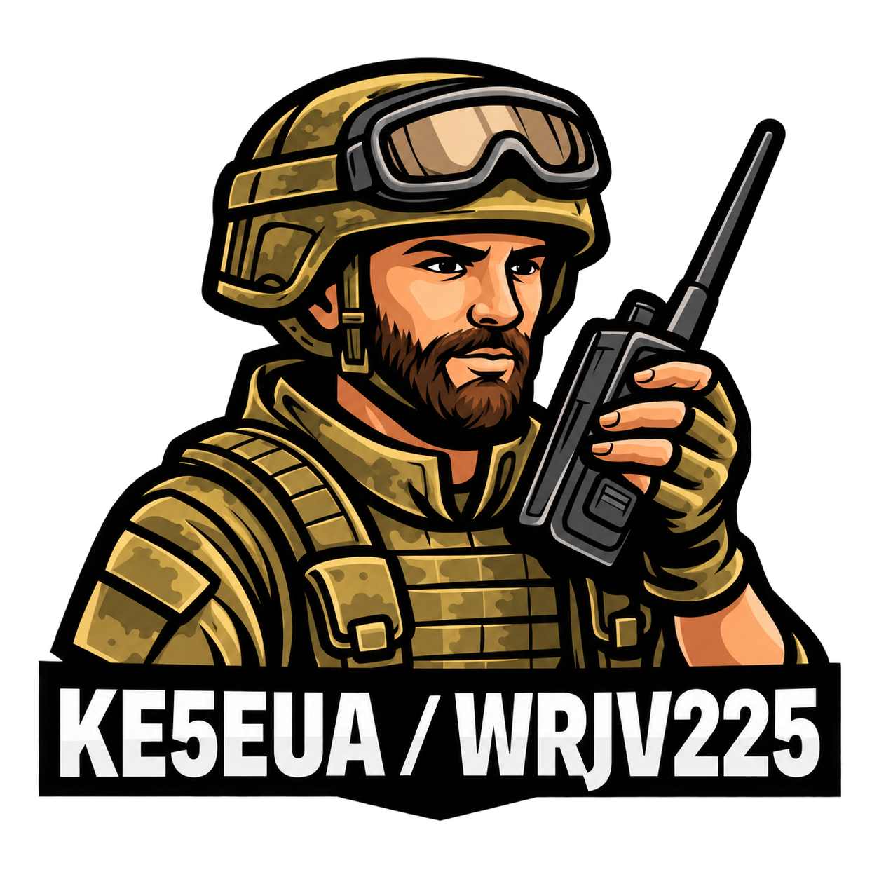 KE5EUA / WRJV225 illustrated radio operator holding a handheld radio